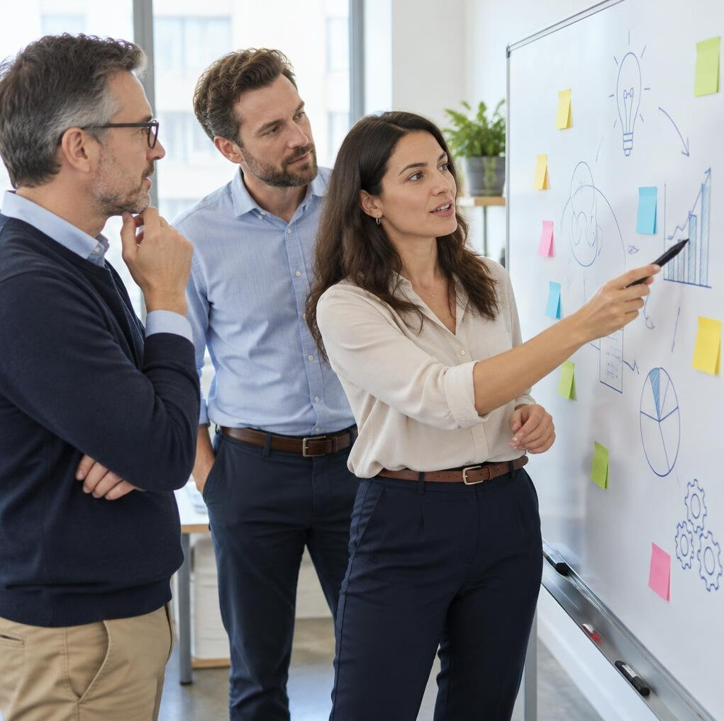 Colleagues collaborating at a whiteboard during a workshop