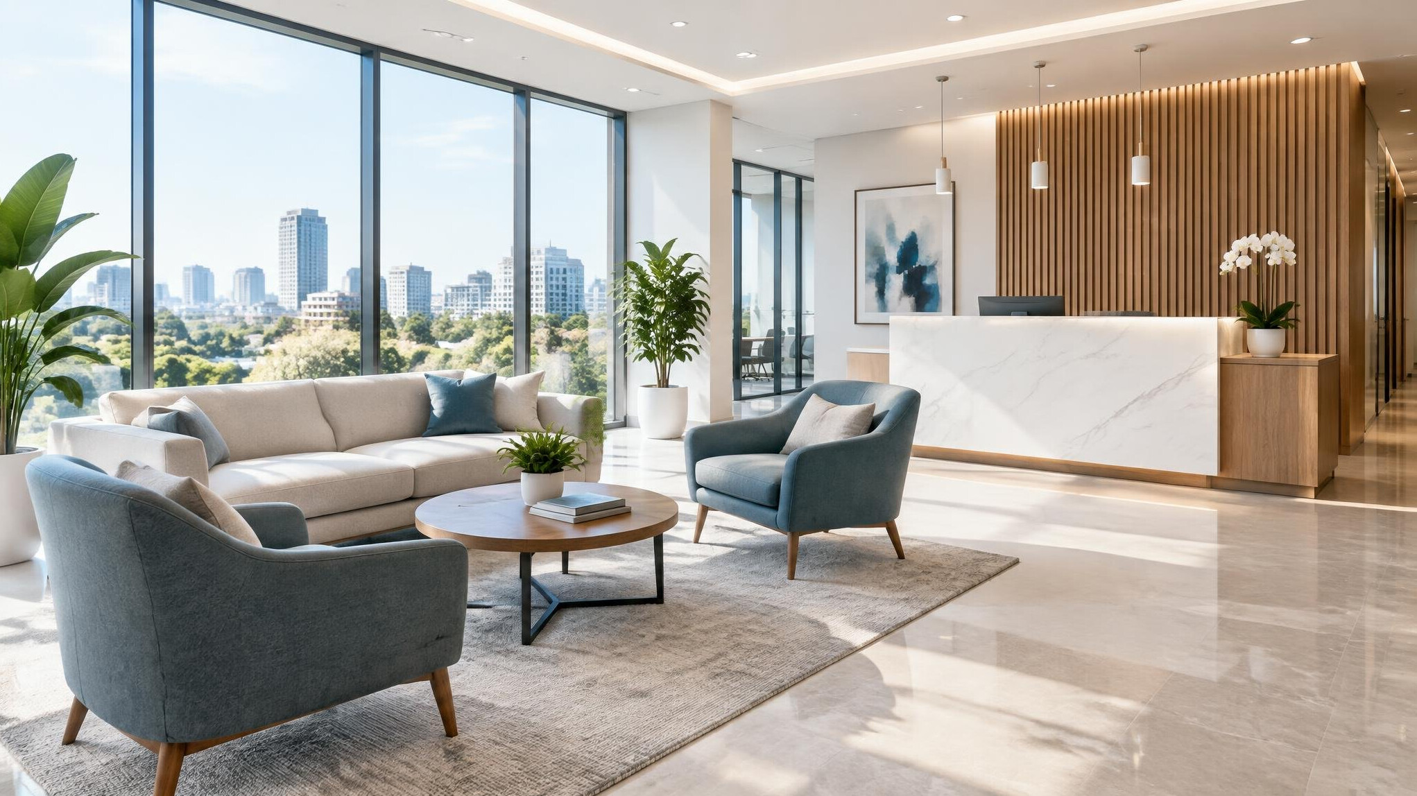 Reception desk area of a modern corporate office