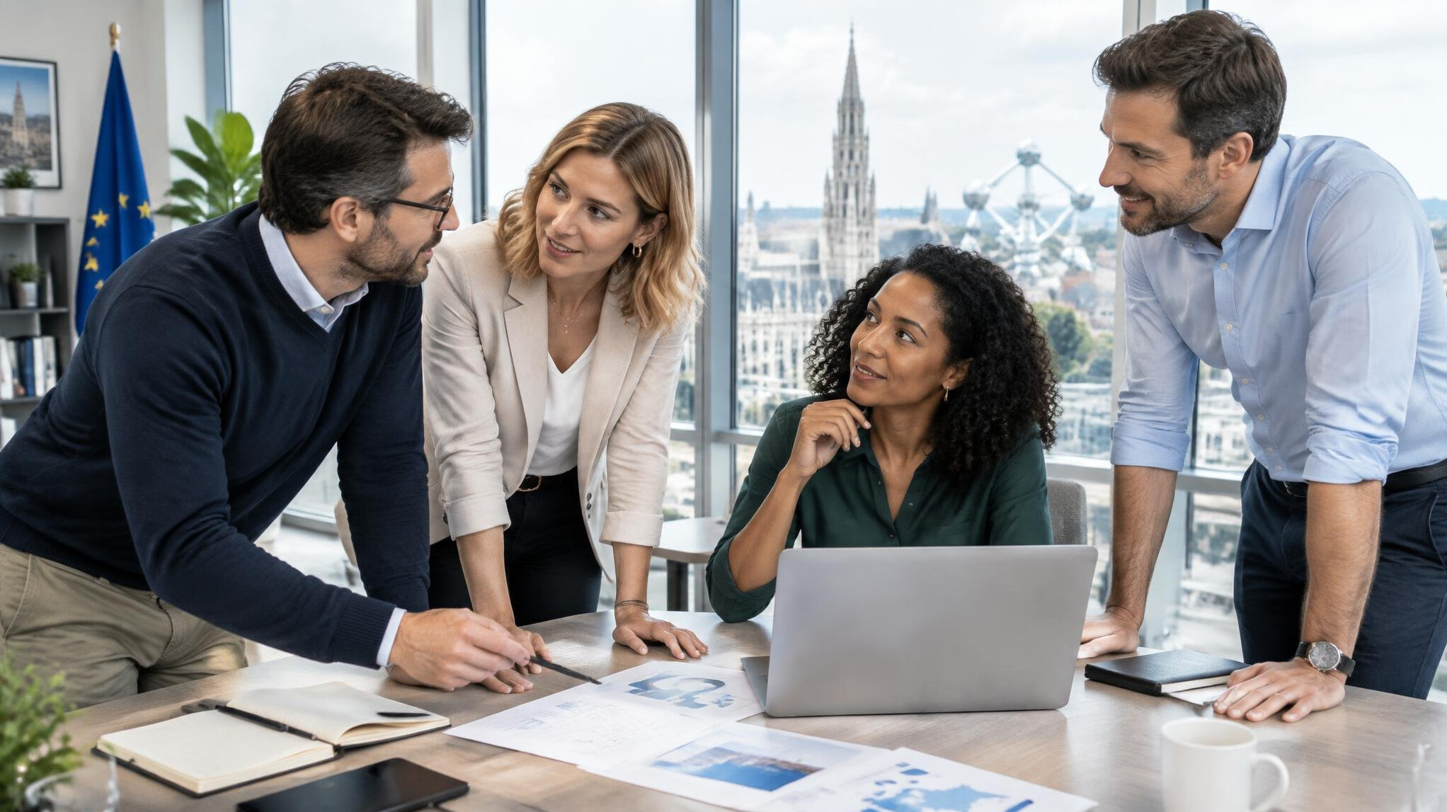 Diverse team of professionals discussing strategy in a modern meeting room